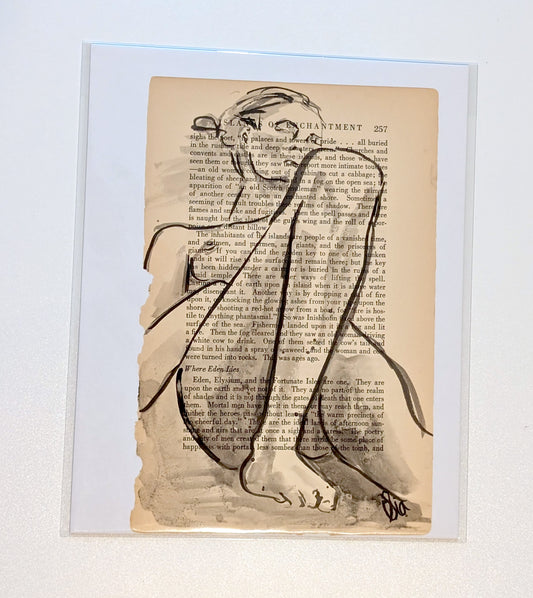 Original Ink Figure Drawing on Vintage Book Page - "Islands of Enchantment" (Hand-Painted)