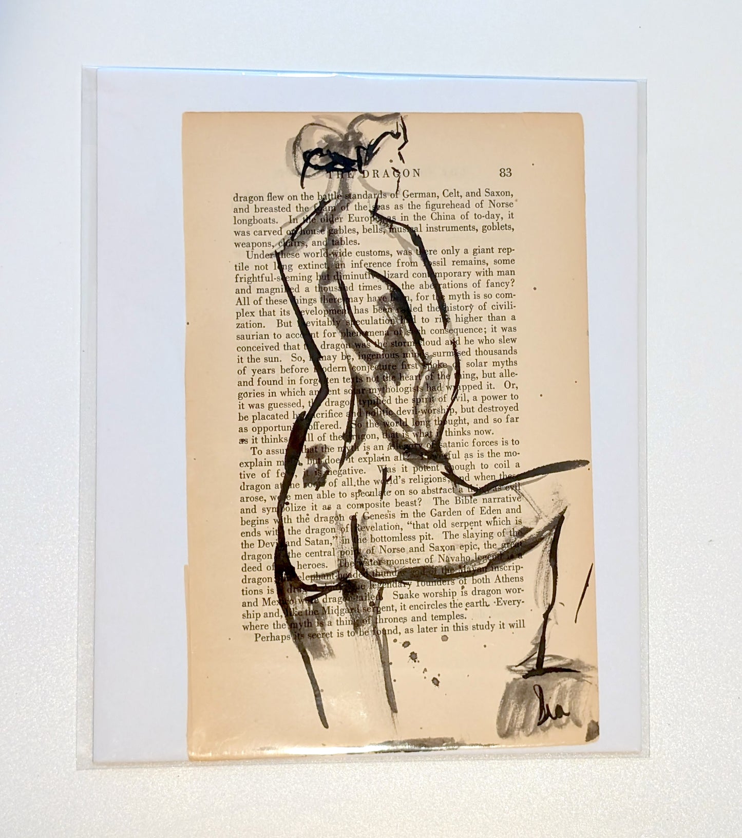 Original Ink Figure Drawing on Vintage Book Page - "The Dragon II" (Hand-Painted)