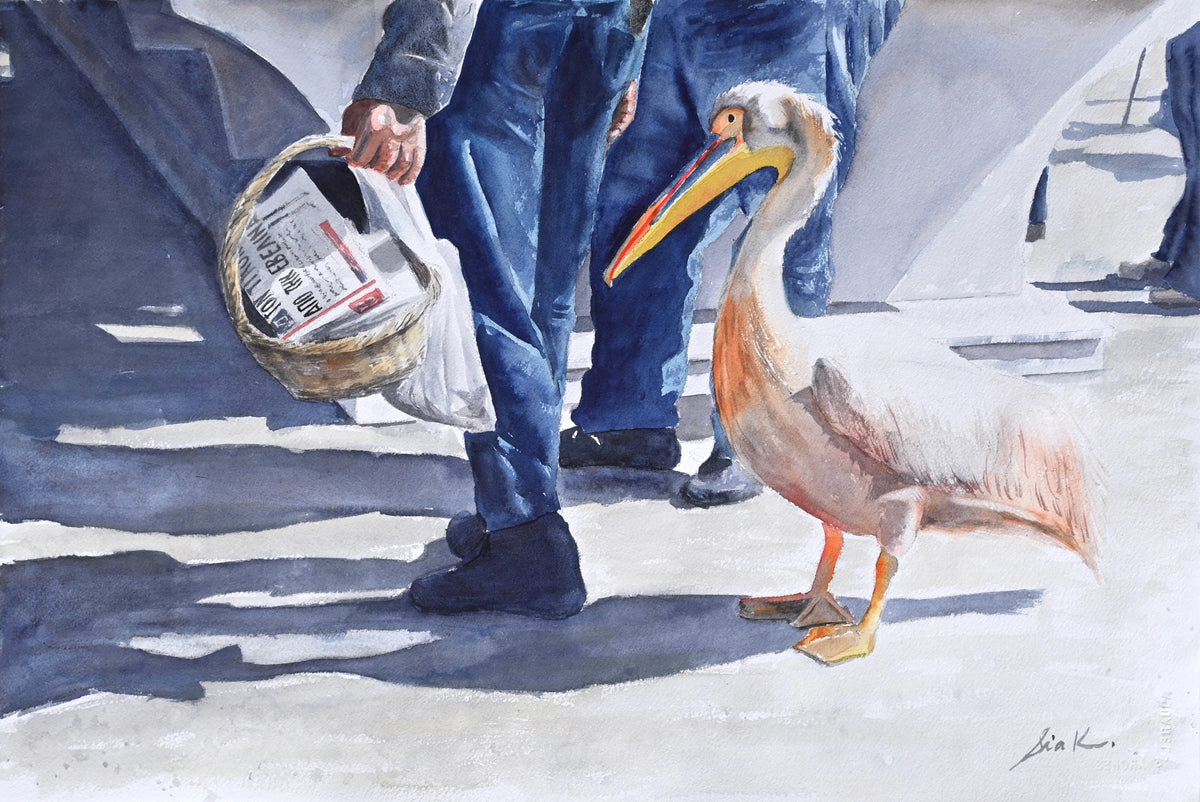 Pelican and fishermen holding bags of fish
