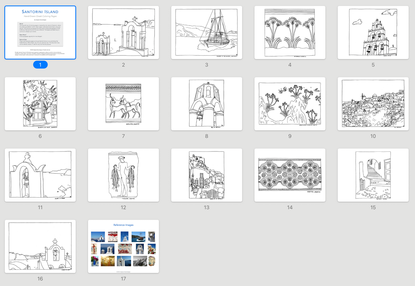 Santorini Coloring Pages – Hand-Drawn Travel Art & Minoan Frescoes (PDF)