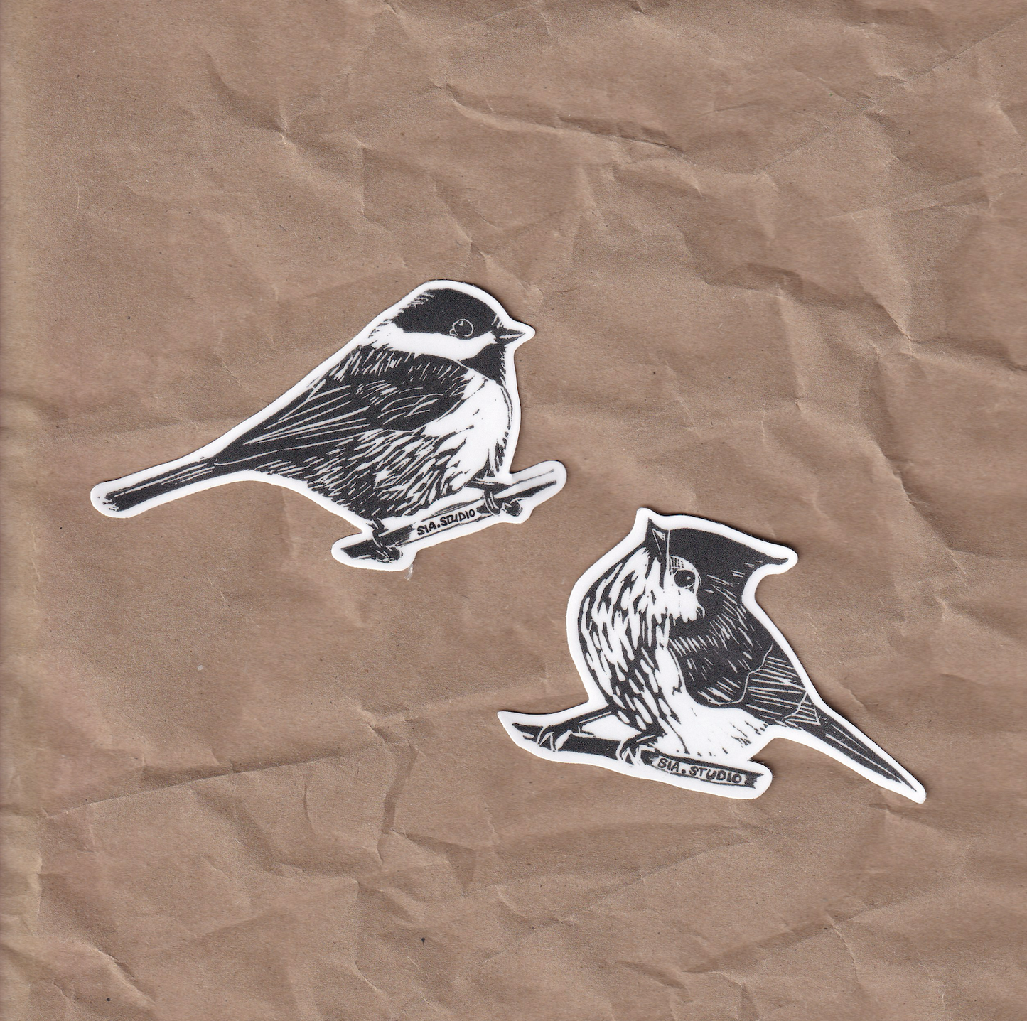 Songbird Vinyl Stickers – Carolina Chickadee & Tufted Titmouse (From Original Linocut Art)