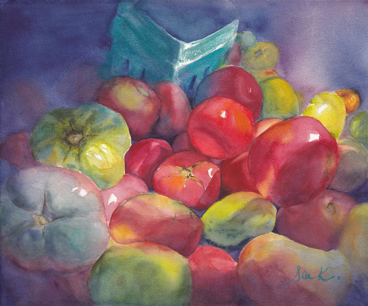 A pile of tomatoes in a farmers market stand with a teal pint container behind