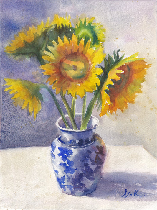 Sunflowers in Vase – Loose Floral Fine Art Print (Watercolor)