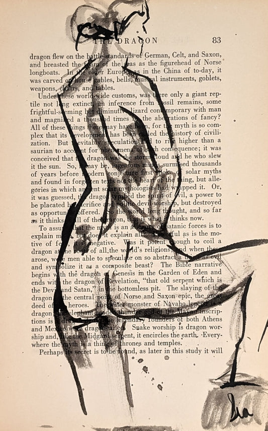 Original Ink Figure Drawing on Vintage Book Page - "The Dragon II" (Hand-Painted)
