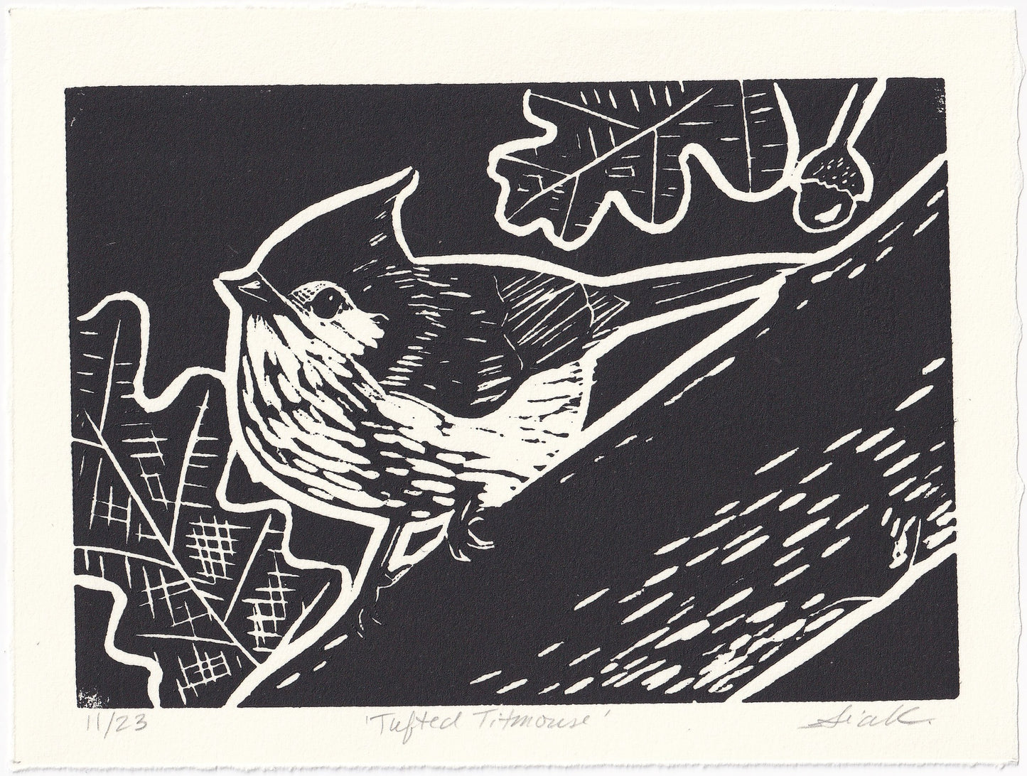 Tufted Titmouse Linocut Print – Limited Edition Hand Pulled Bird Art