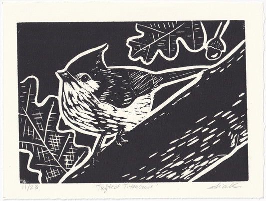 Tufted Titmouse Linocut Print – Limited Edition Hand Pulled Bird Art