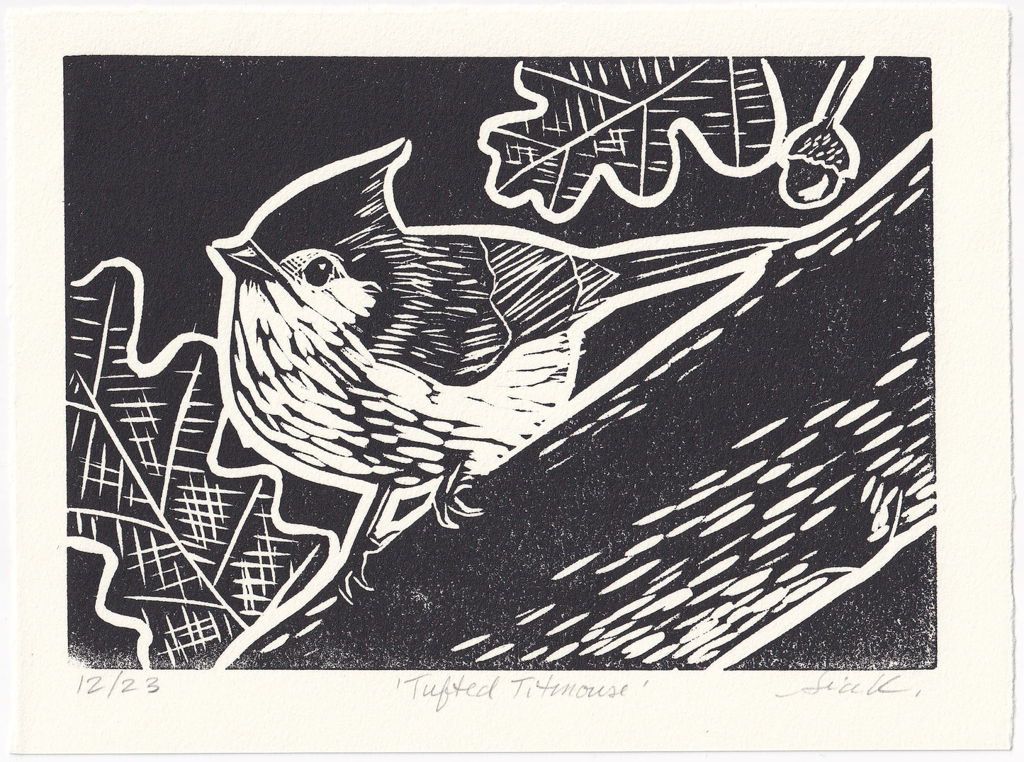 Tufted Titmouse Linocut Print – Limited Edition Hand Pulled Bird Art