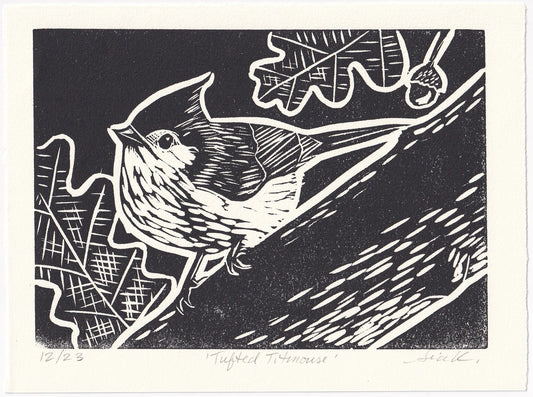 Tufted Titmouse Linocut Print – Limited Edition Hand Pulled Bird Art