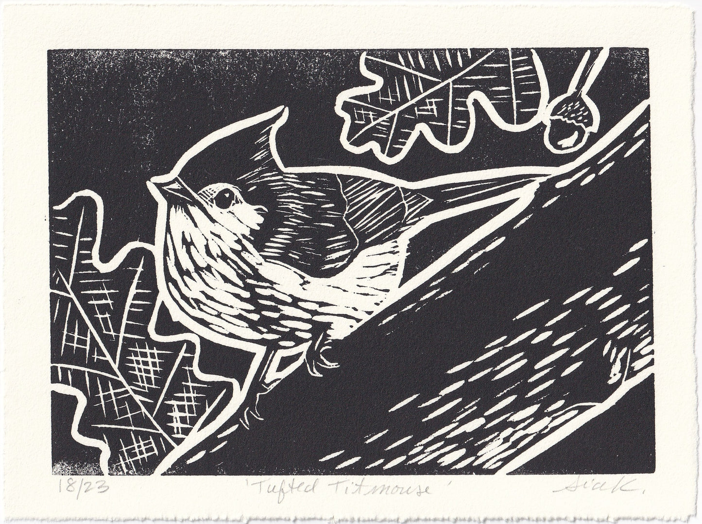 Tufted Titmouse Linocut Print – Limited Edition Hand Pulled Bird Art