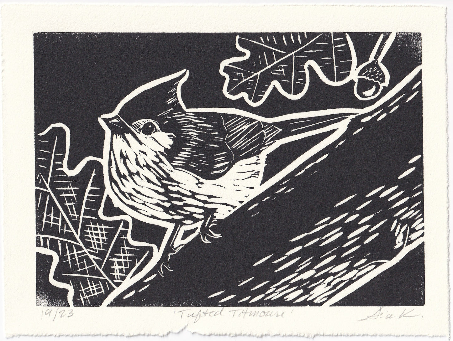 Tufted Titmouse Linocut Print – Limited Edition Hand Pulled Bird Art