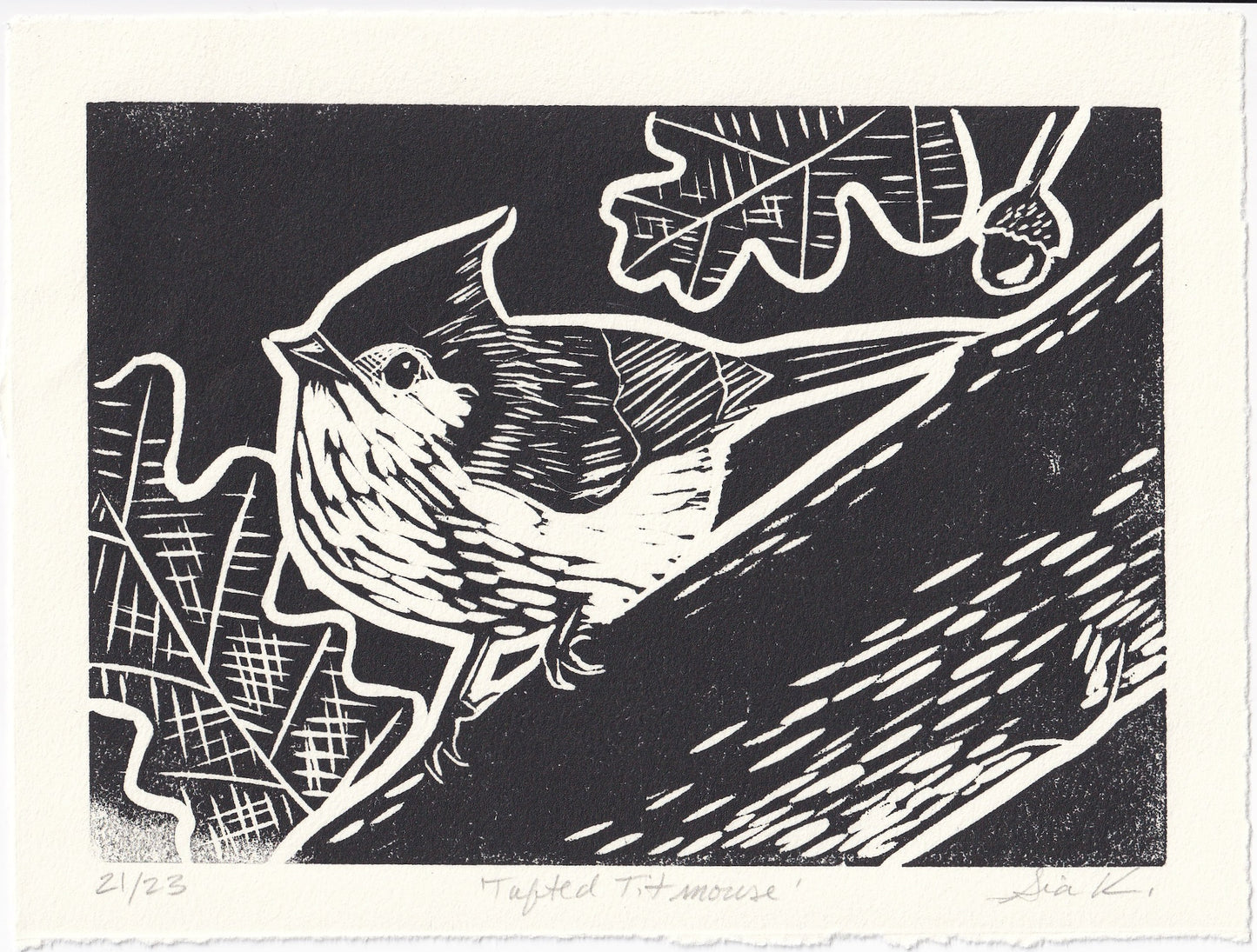 Tufted Titmouse Linocut Print – Limited Edition Hand Pulled Bird Art