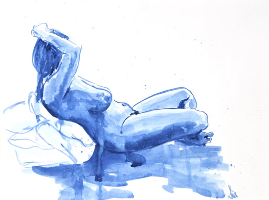 Original Ink Figure Painting - Reclining Woman in Prussian Blue