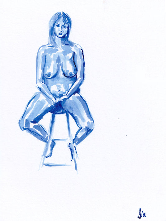 Original Ink Figure Painting - Seated Woman in Prussian Blue